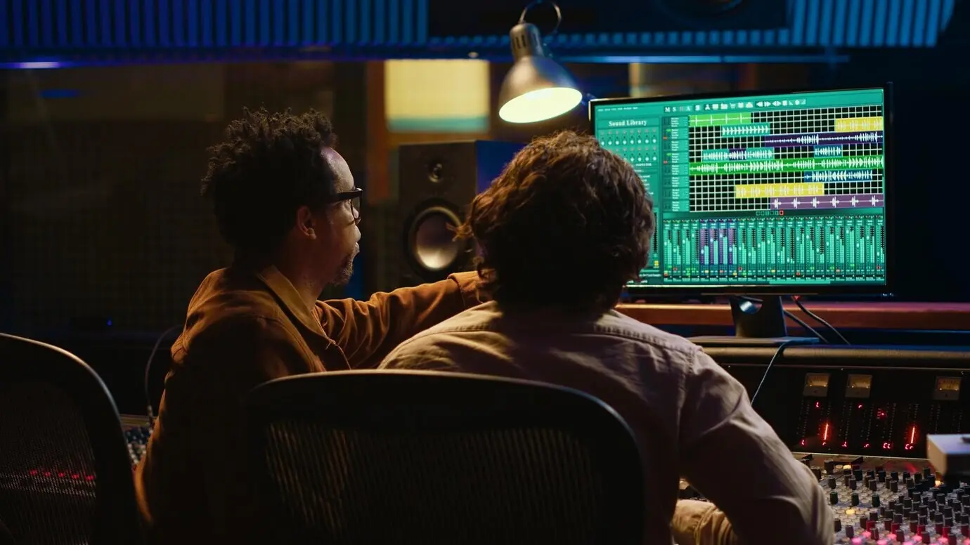 Ein Team von Tontechnikern arbeitet an der Aufnahme und Bearbeitung von Tracks.