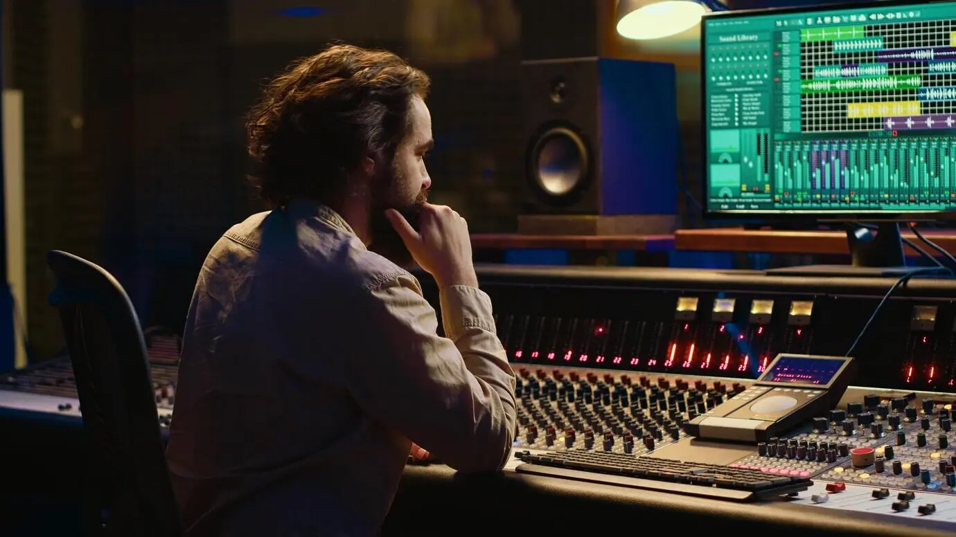 Musikproduzent bearbeitet Sounds mit Mischpult und Umschaltgeräten.