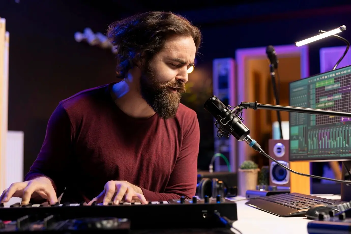 Musikproduzent spielt Noten auf einem elektronischen Piano-Keyboard und singt ins Mikrofon.