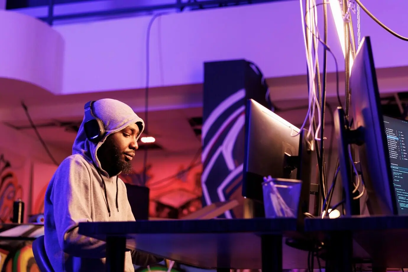 Ein afroamerikanischer Hacker trägt Kopfhörer und programmiert bösartige Software für einen Cyberangriff; mit Kapuze hört er über Kopfhörer Musik, während er nachts in einen Online-Server eindringt.